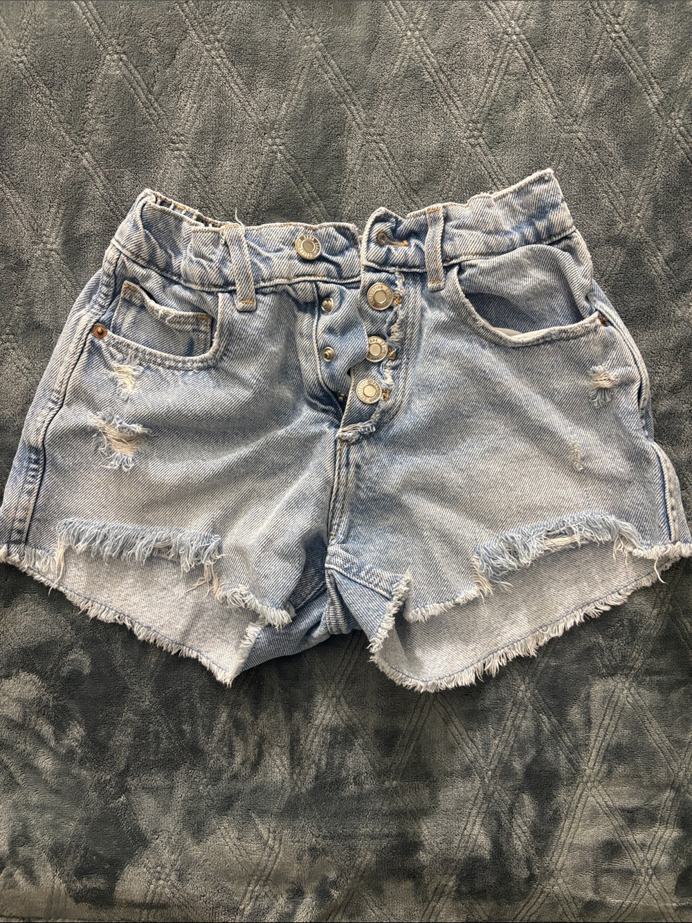 Zara Light Blue Distressed Button-Fly Denim Shorts